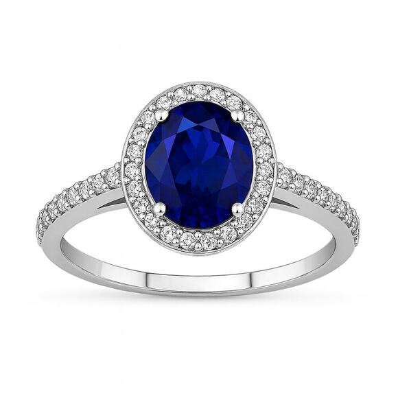 1 1/2 Carat Oval Created Sapphire & Diamond Halo Ring in Sterling Silver - Picture 1 of 6